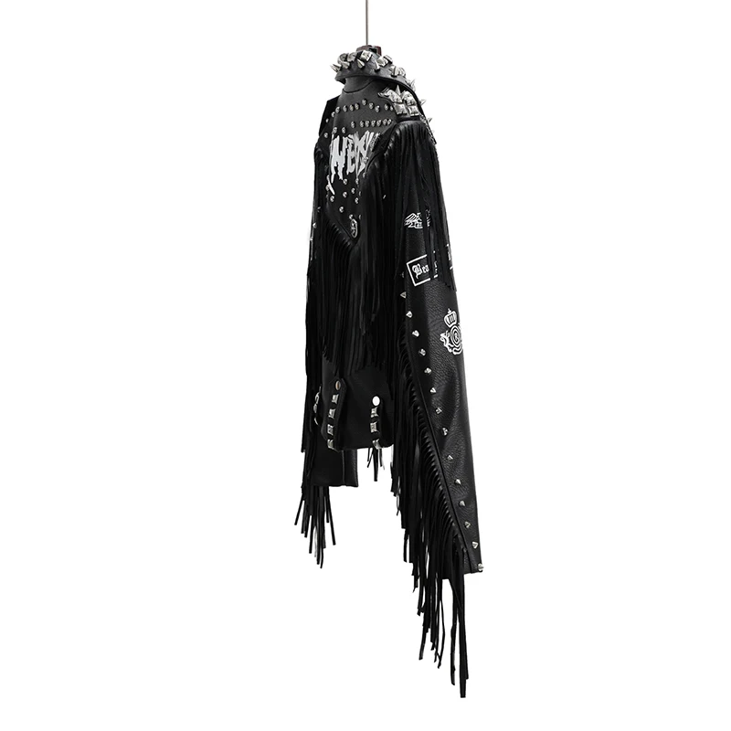 Winter pu leather jacket for women beaded rivet tassel chain black moto biker jacket female street hipster slim short coats