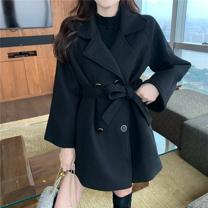 

Autumn Winter High Quality Women Wool Coat Elegant Lady Double-Breasted Lapel Collar Lace-Up Double Sided Woolen Outerwear