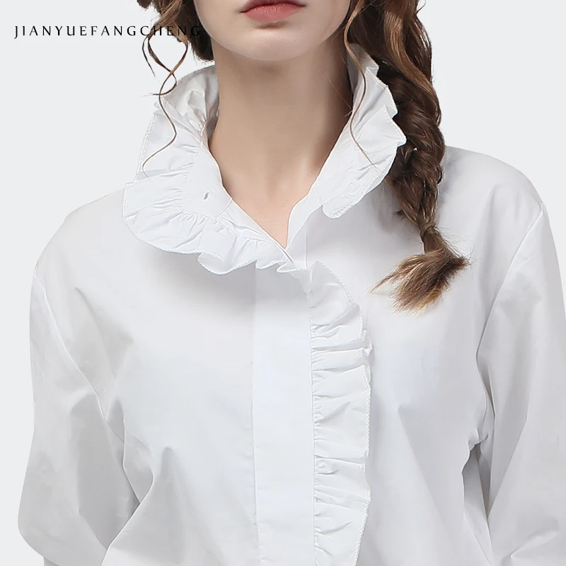 Elegant Ruffles Women White Cotton Shirts Flared Long Sleeve 2020 Autumn New Tops Loose Plus Size Office Ladies Korean Blouses