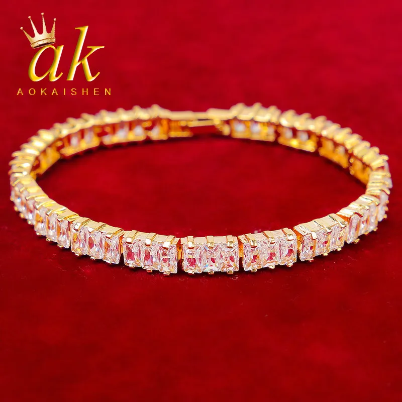 Aokaishen Baguette Men Bracelet Gold Color Hip Hop Jewelry 2022 Trend Best Selling Wholesale