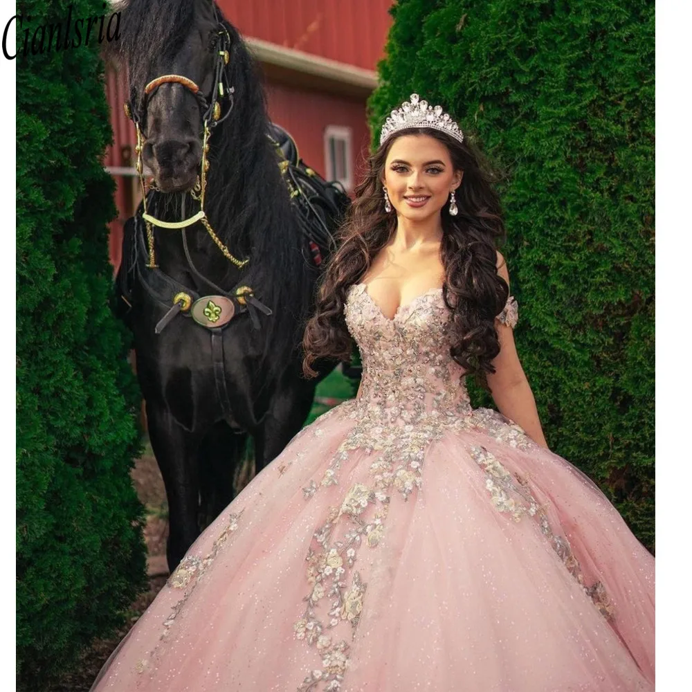 2021 księżniczka różowy Quinceanera suknie Off Shoulder 15 Party świecący urodziny słodkie 16 Debutante