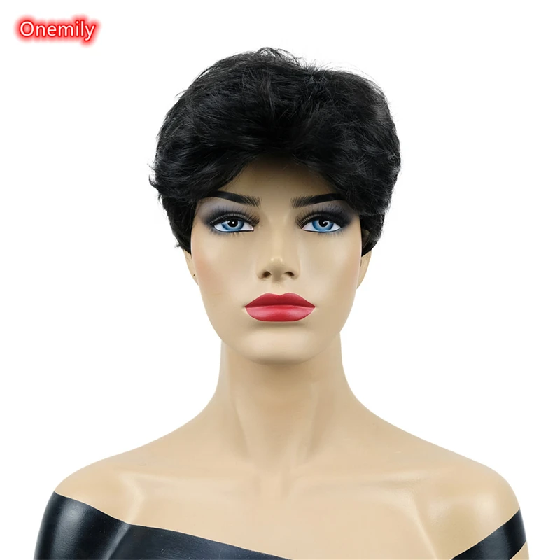 Onemily Short Layered Pixie Cut Women Wig with Bangs Straight Smooth Natural Hair Wigs for Daily Use