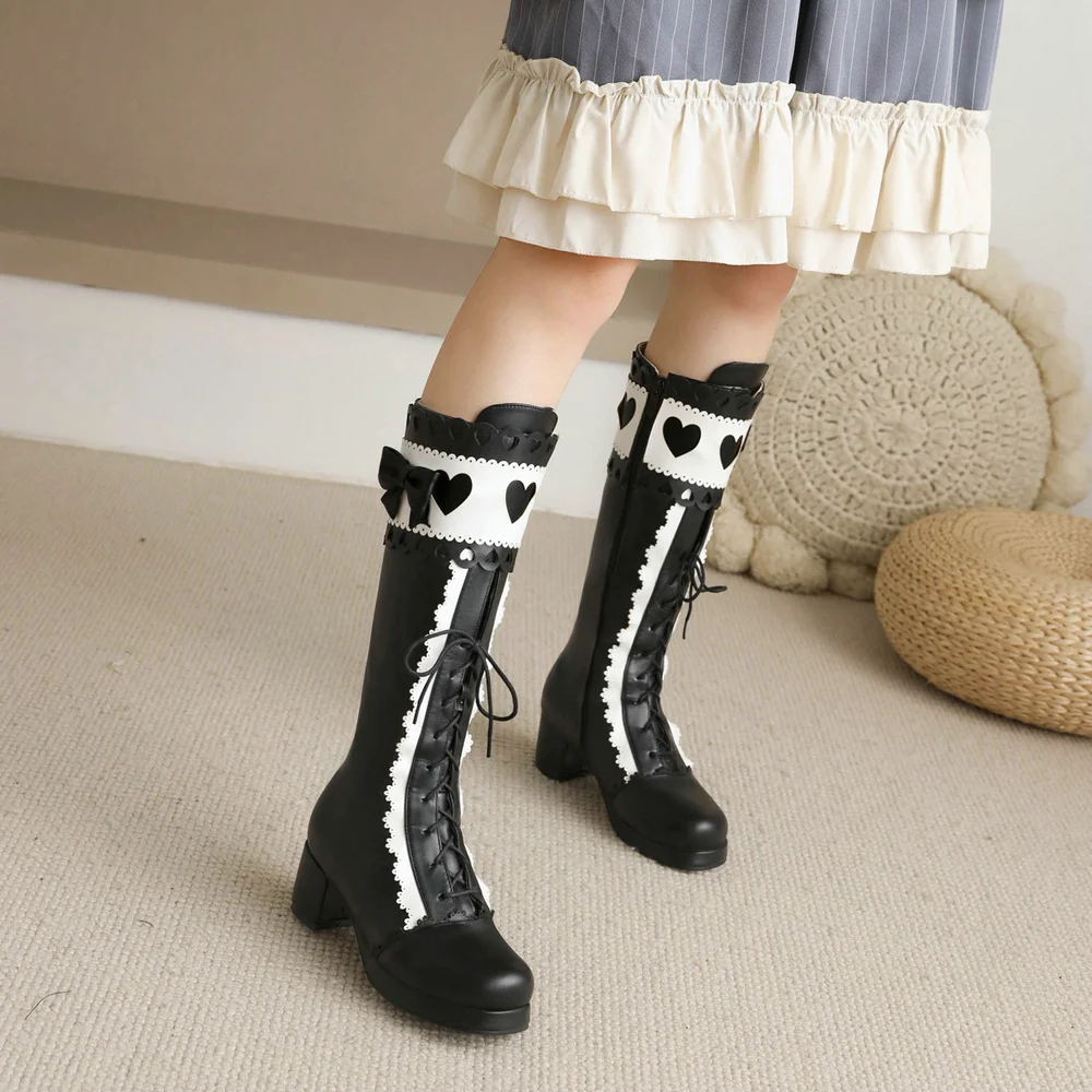 Women Vintage Lolita Boots Chunky High Heel Platform Mid-Calf Bootie Girls Studded Hollow Heart Shape Pink Black White Patchwork