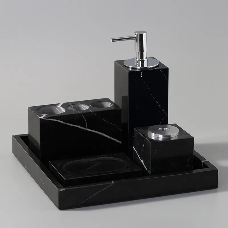 Bathroom Black Marble Latex Bottle Soap Dispenser Toothbrush Rack Cup Dish Tray Cotton Swab Box Wedding Gifts Silver Press Head