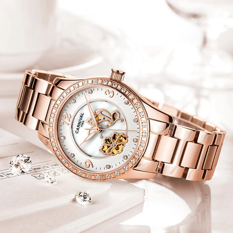 Carnival Brand Luxury Rose Gold Stainless Steel Ceramics Strap Mechanical Watches Women Fashion Diamond  Luminous Skeleton Watch