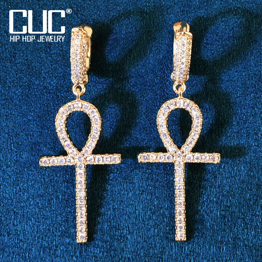 Ankh Cross Dangle Earrings For Men Gold Color Ice Out Zircon Women Accessories Fashion Hip Hop Rock Jewelry