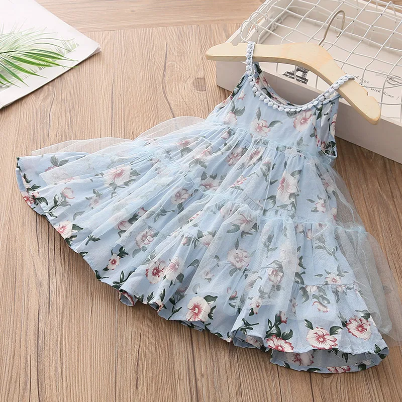 New 2024 Summer 2 3 4 5 6 7 8 9 10Years Kids Clothing Mesh Patchwork Floral Strapless Beach Dress For Baby Girls Holiday Wearing