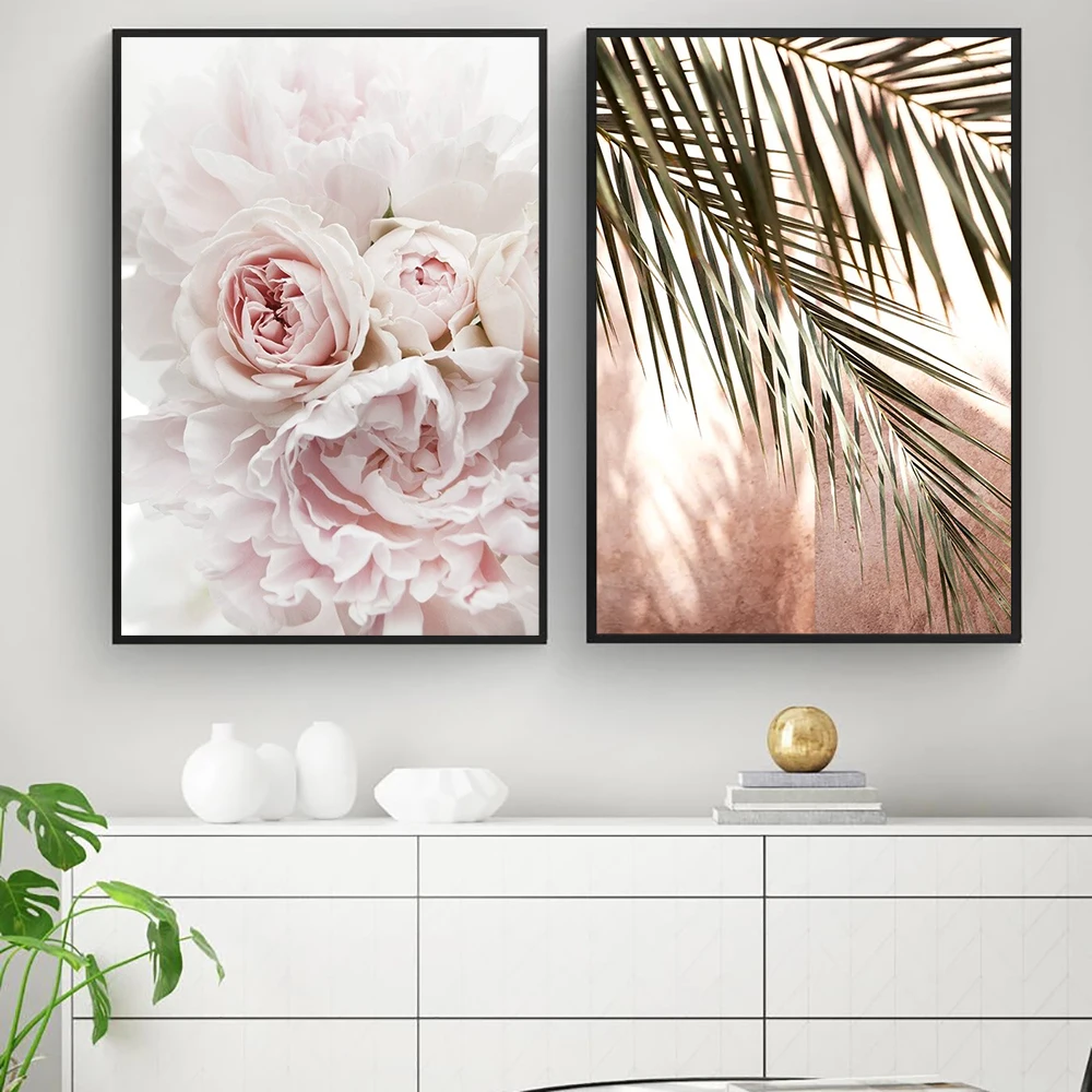 Pink Shadow Palm Leaf Poster Blush Canvas Painting Minimalist Nordic Flower Peony Rose Wall Pictures For Salon Living Room Decor