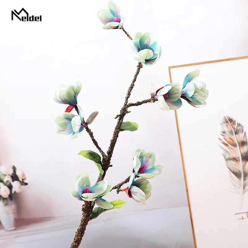 Meldel 9 หัว Magnolia ดอกไม้สาขา Royal Upscale ดอกไม้ปลอมแต่งงานตกแต่งรถบ้านสวน Decor Faux ผ้า Flore