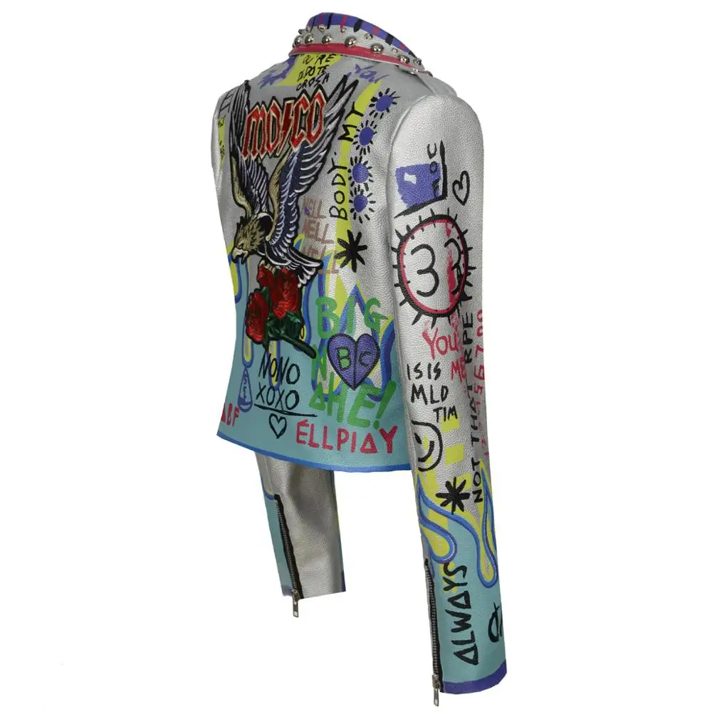 4XL moda graffiti perline donna giacca in pelle pu stile Punk moto embrodiery giacche in pelle cappotti Streetwear F803