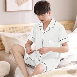 Summer Men Shorts Pajama Set Cotton Sleepwear White Pijama Hombre Nightwear 2Pcs PJ Home Clothes Cotton Pyjama Homme Plus Size