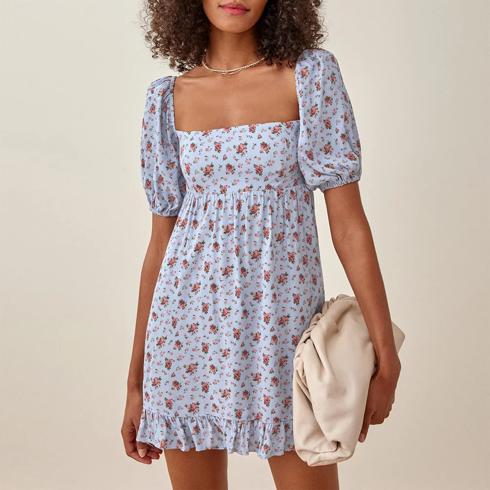 Casual Dresses For Women 2021 Ruffle Hem Vintage Floral Print Summer Dress Square Neck Short Puff Sleeve Babydoll Mini Dress