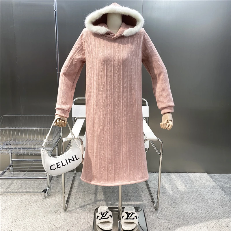 

New 2021 Exotic Candy Color Guard Dress Plush Warm And Versatile Lingge Hooded Loose And Thin Knitted Wool Dress