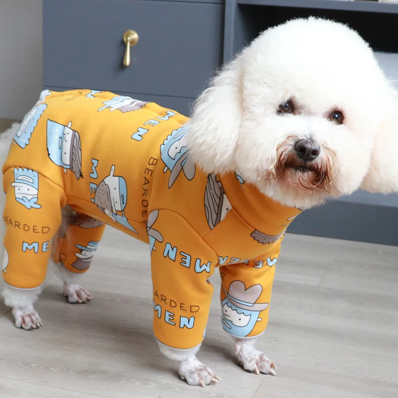

Pet Dog Jumpsuit Puppy Clothes Warm Fleece Protect Belly Pajamas Orange Printed High Neck Overalls For Small Dogs Chihuahua Coat