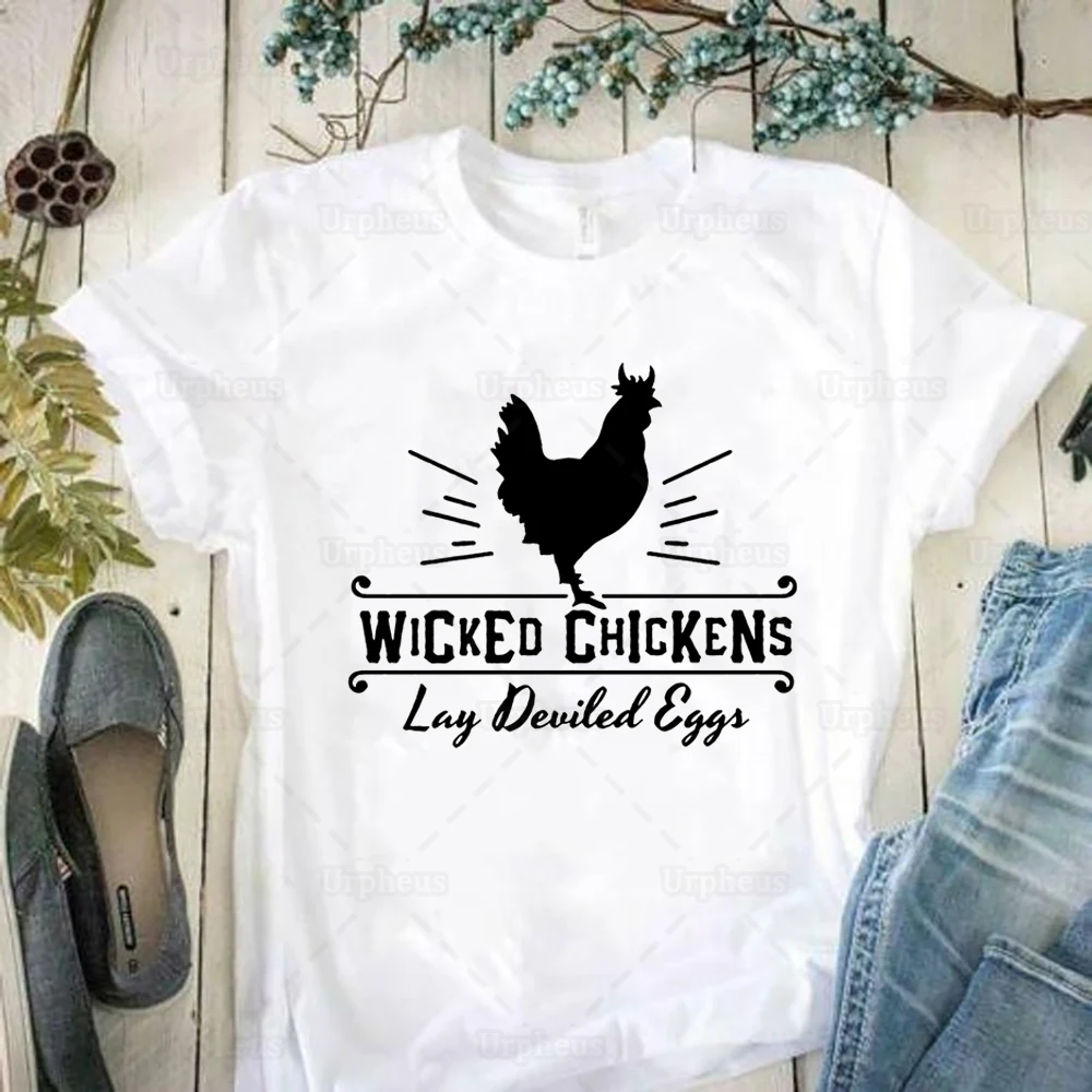 100% Cotton Funny Chicken Shirt Wicked Chickens Lay Deviled Eggs Shirt Chicken Lady Farm Girl Tshirt