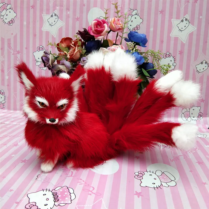 new real life red squating fox model plastic&furs simulation nine-tails fire fox gift about 35x15cm xf2874