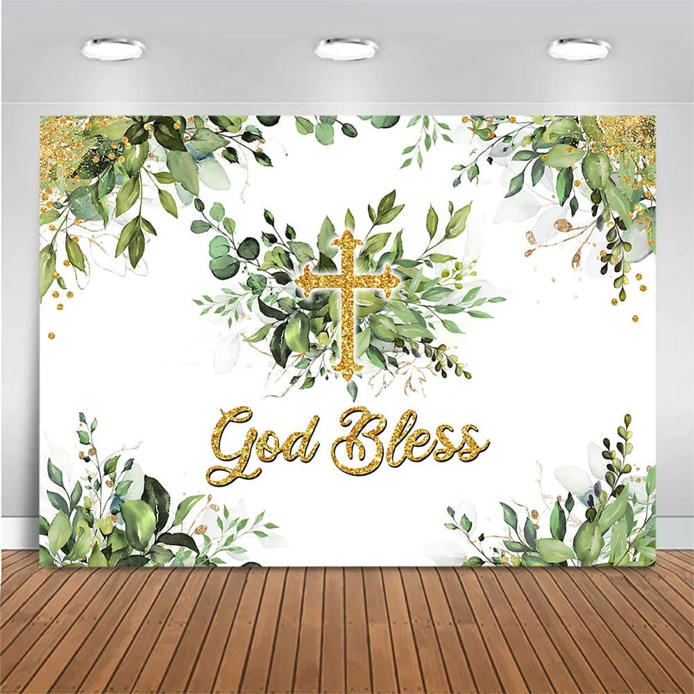 

Mocsicka Newborn God Bless Baby Baptism Backdrop Photography Glitter Gold Green Leaves Photo Background for Photo Studio Banner