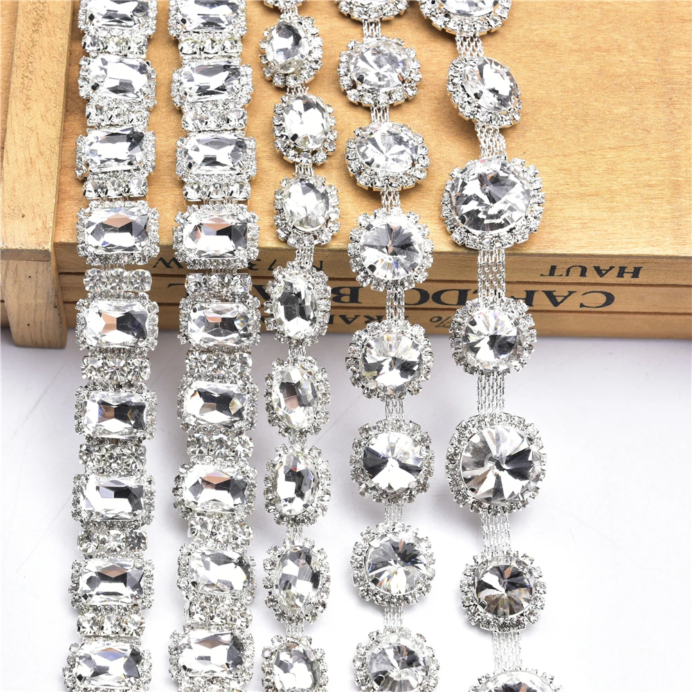 1 Yard Glass Crystal Rhinestone Trim Silver Rectangle Oval Round Diamond Decorative Flower Chain Clothing Accessories Diy Dress