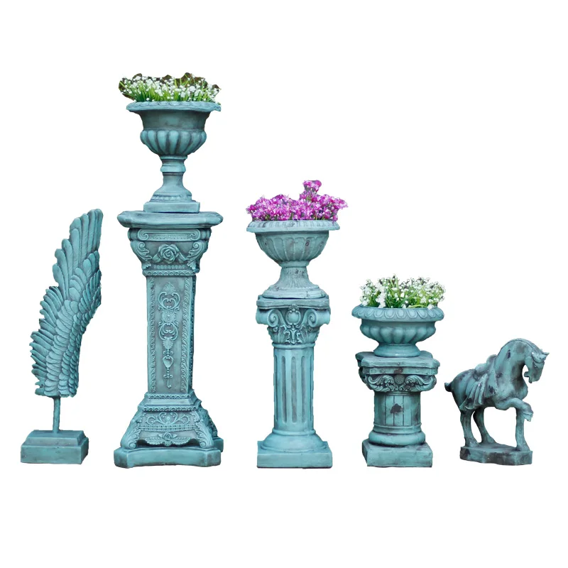 European Retro Distressed Flowerpots Goblet Vases Roman Column Cement Ornaments Outdoor Garden Park Courtyard Sculpture Crafts