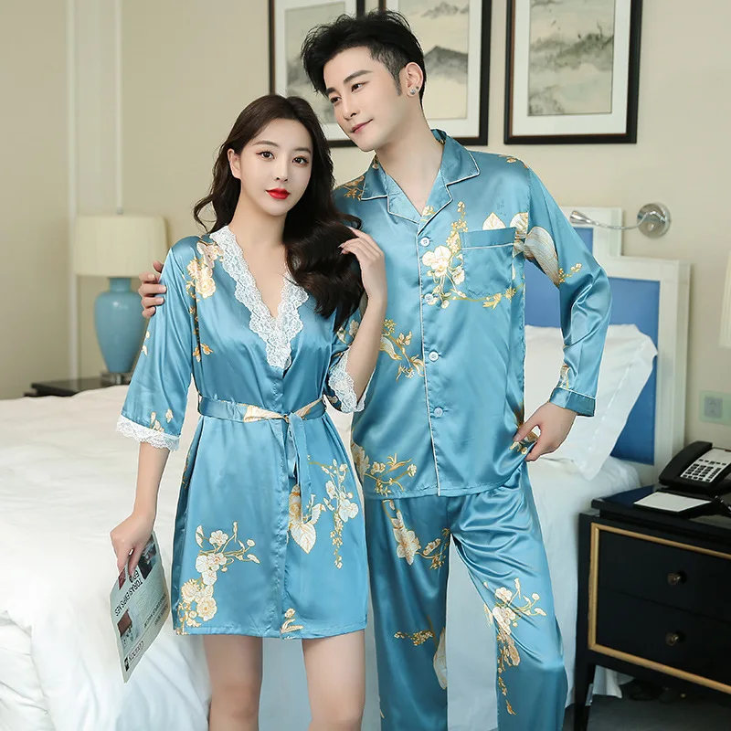 Sexy Flower Printed Rayon Women Robe Sets Men Top Trousers Pajama Suit Couple Pyjamas Wedding Morning Gown Home Service