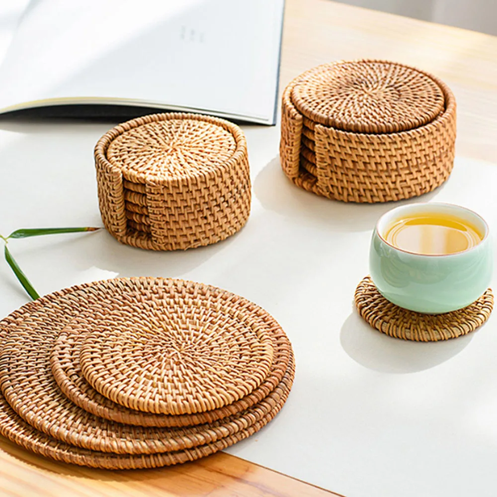 Handmade Round Rattan Pad Coasters Kitchen Table Mats Bowl Mats Padding Mat Insulation Pad Round Placemats