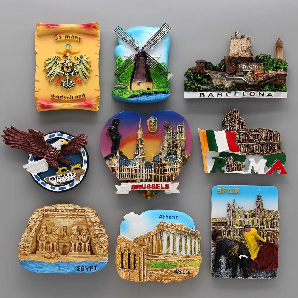 

3d fridge magnet German Dutch windmill Egypt American Spain bullfighter Rome Colosseum Belgium urine boy Greece Athens Souvenirs