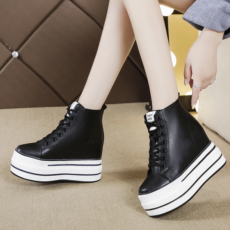 2022 Autumn High Platform Sneakers 10.5CM High Heels Women Thick Sole Ankle Boots Leather Wedge Winter Casual Shoes White Boots