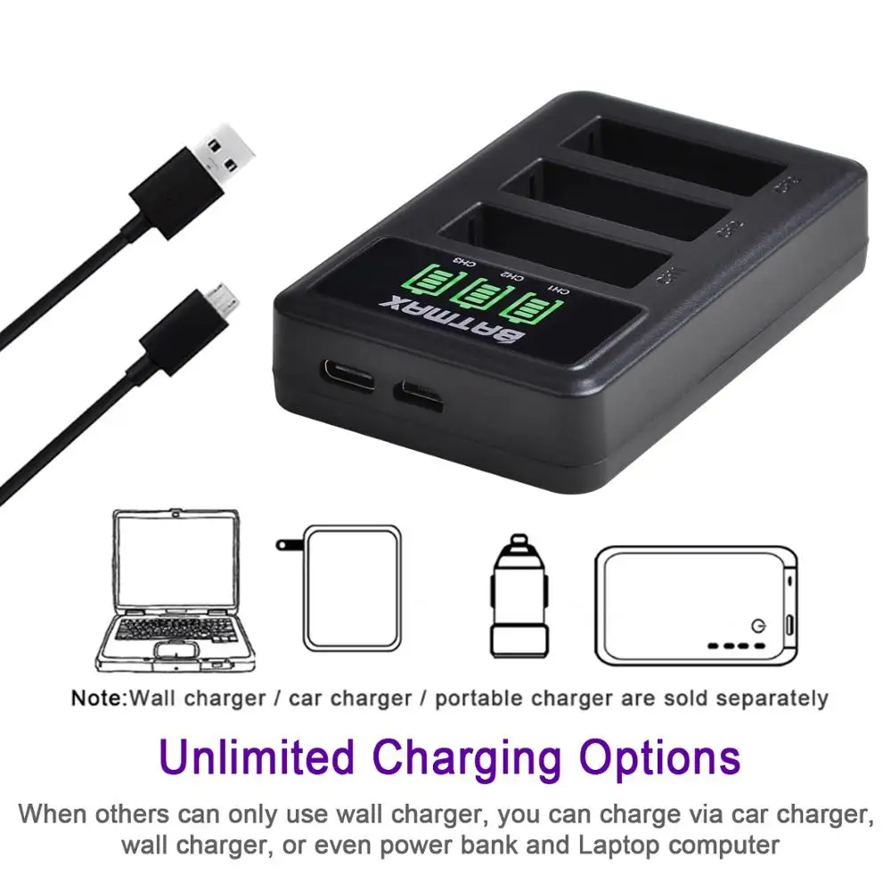 For Gopro hero 8 Bateria hero 7 battery+LED 3 Slots USB Charger with Type C port for Gopro hero 8 Gopro 6 7 Action Camera