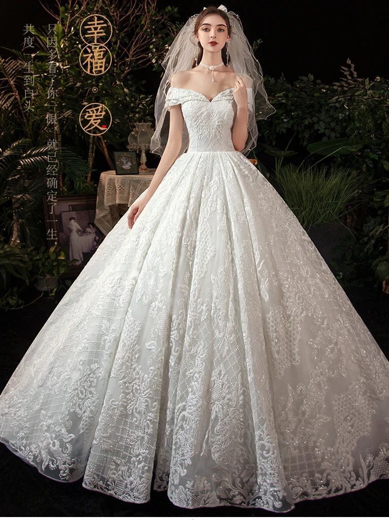 Real Photo Glitter White Luxur Wedding Dresses Long Lace Sequin Royal Train Bride Gowns Princess Church Bridal Dress Custom Made