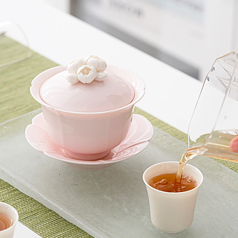

Single Pinch Flower Sancai Gaiwan Tea Cup Tureen Tea Cup Kung Fu Tea Set Ceramic Large High-End Pink for Women Tea Bowl with Lid