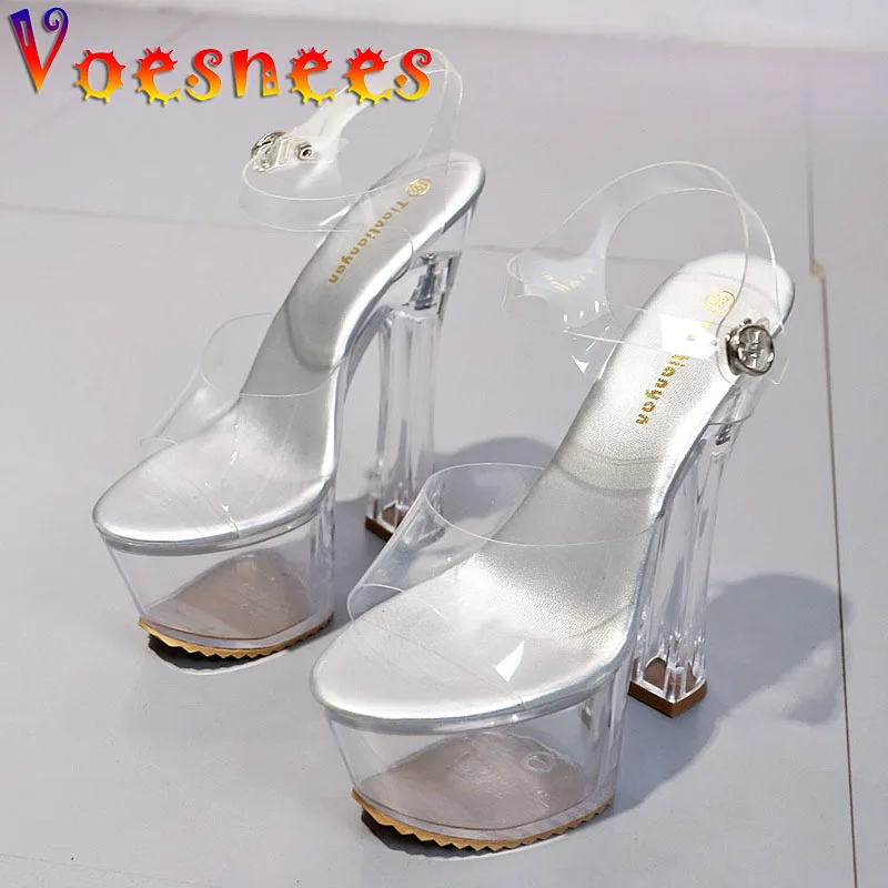 Women Shoes 2021 New PVC Jelly Thick Heels Sandals Transparent Crystal 17CM Platform Ladies High Heel Shoes Party Big Size 41