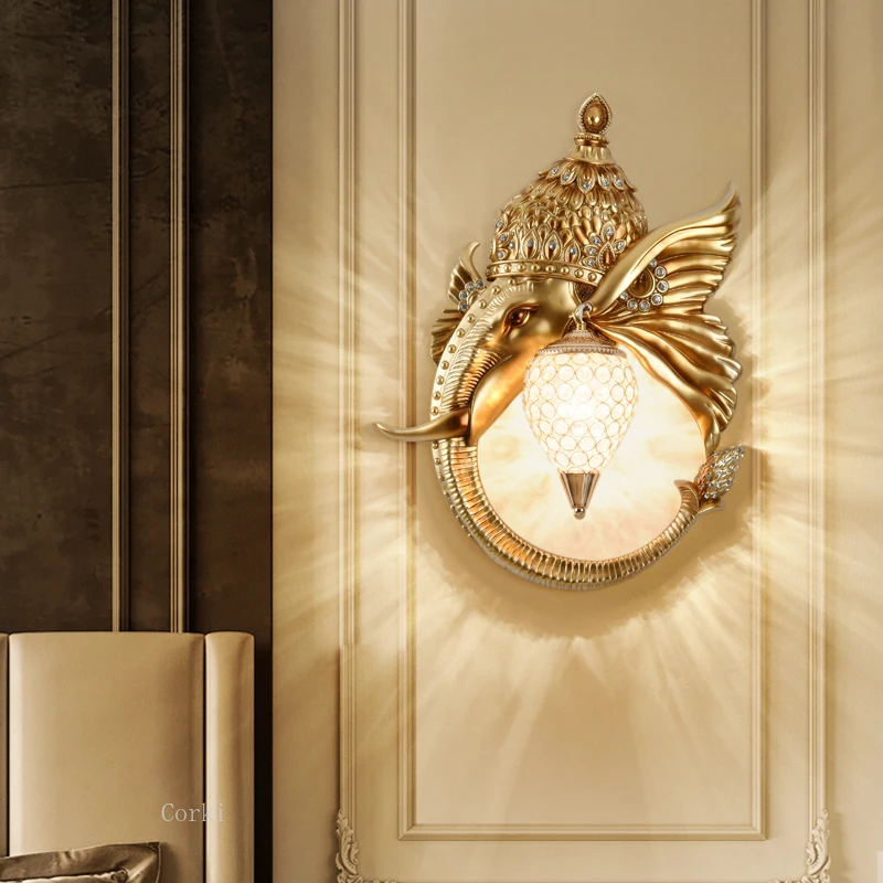

Lucky elephant wall lamp American retro animal head wall light decor living room background wall study room Bedroom Bedside lamp