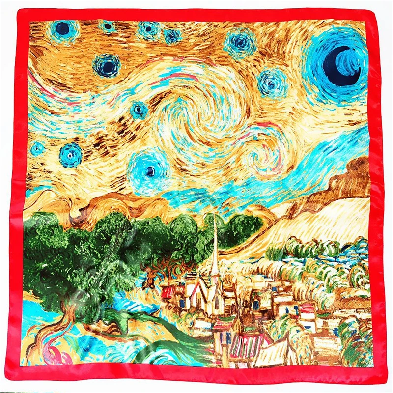 90CM Large Square Scarf Silk Scarf New Van Gogh Oil Painting Starry Sky Luxury Brand Handkerchief Headscarf Ladies Travel Shawl