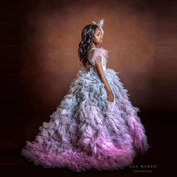 Luxury Mix Colors Tulle Flower Girl Dresses Photo Shoot Shoulder Feathers Ruffles Tulle Pageant Gowns For Kids Lush Christmas Dr