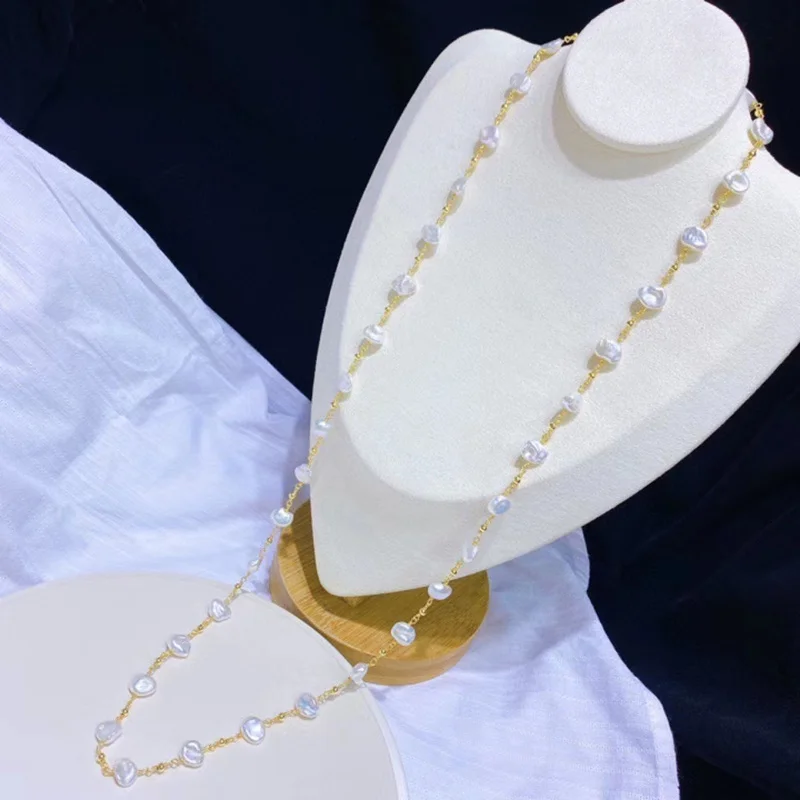 

80cm long body necklace natural irregular shape baroque real pearl beaded handmade high quality women sweater necklace wedding