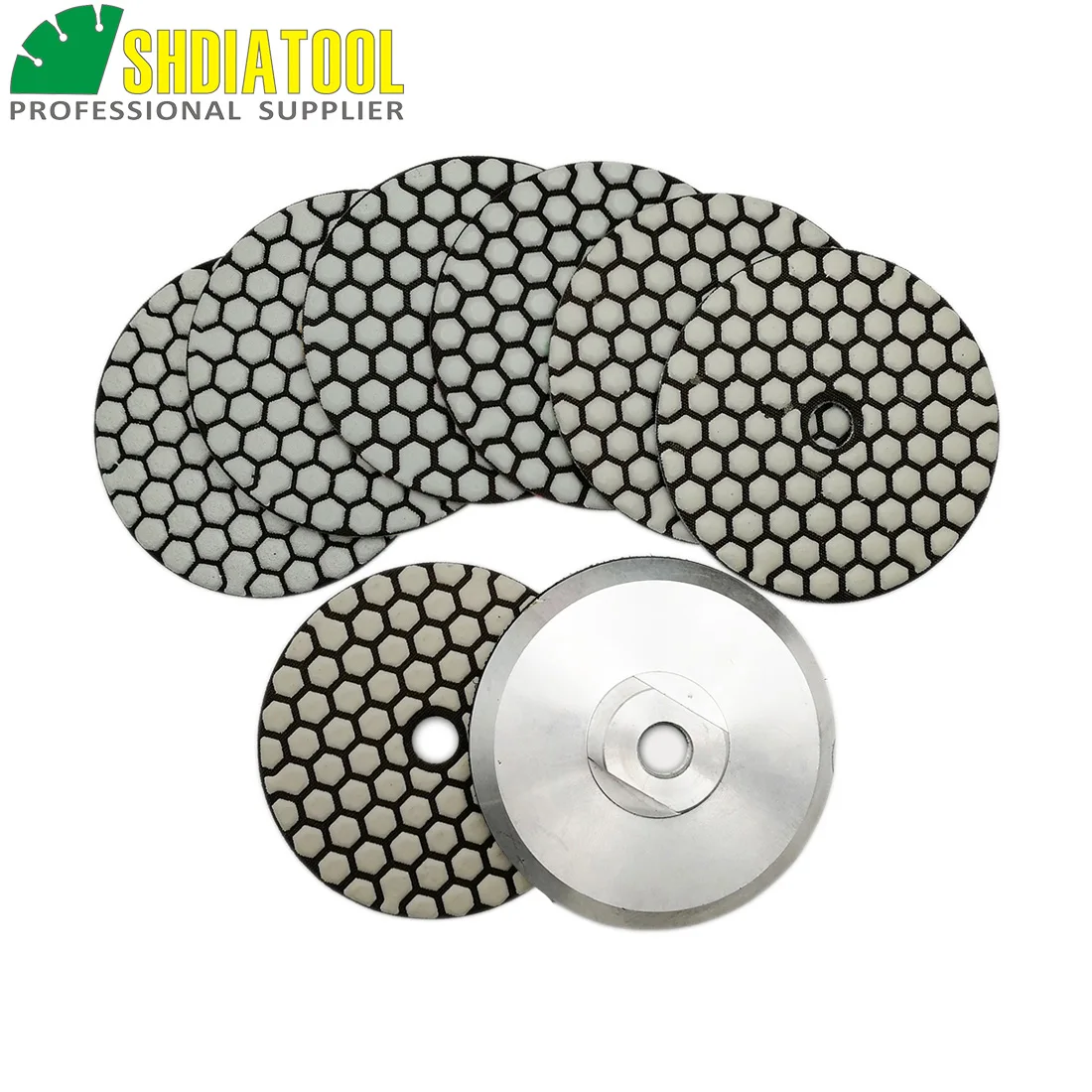 

SHDIATOOL 7pcs 4inches B dry Diamond polishing pads with a M14 Aluminum base backer 100MM Resin bond diamond Grinding disc