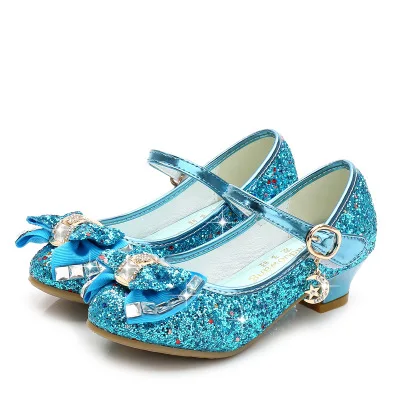 Chaussures de princesse en cuir, avec nœud papillon, pour filles, talons hauts pour enfants avec fleurs et paillettes, style décontracté, bleu/rose/argent, 2020