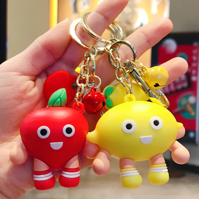 Obst Puppe Keychain Grün Avocado Rote Erdbeere Gelbe Birne Orange PVC Anhänger Tasche Auto Schlüsselring Mädchen Junge Paar Niedliche Schmuckstück gif