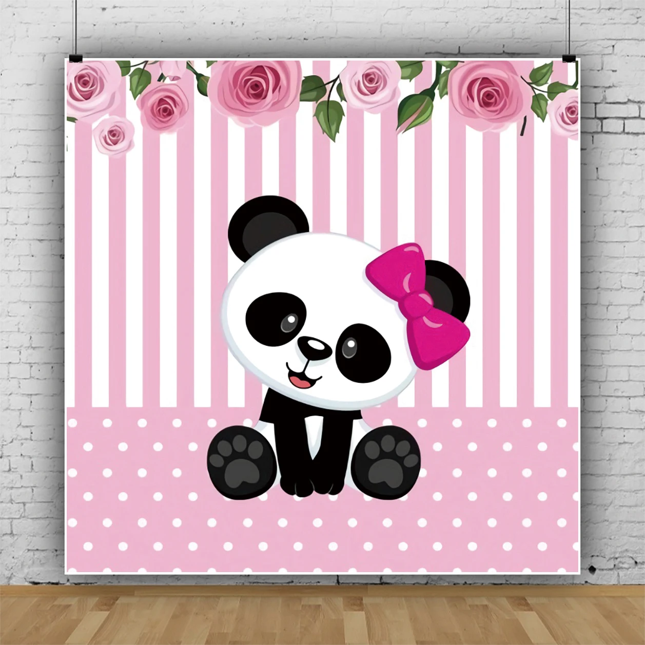 Laeacco Pink Stripes Panda Baby Shower Girls Birthday Background For Photography Personalized Poster Kid Portrait Photo Backdrop