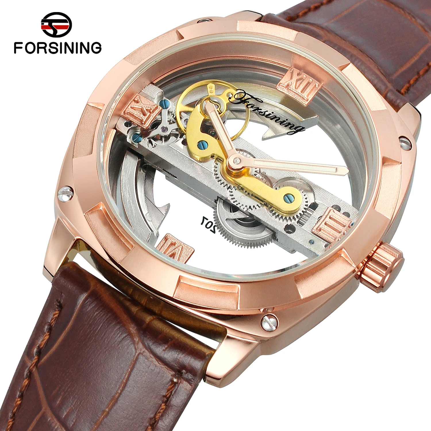 Forsining Men Skeleton Automatic Mechanical Wrist Watch Simple Casual Leather Strap 3 Bar Waterproof Mens Watch reloj hombre