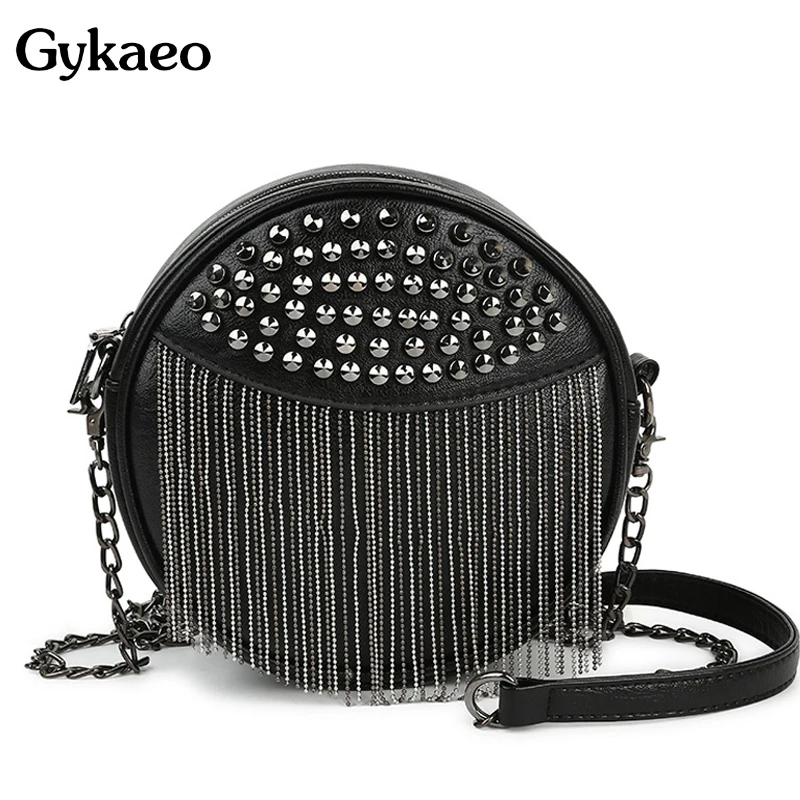 Black Round Women\'s Shoulder Bag Ladies Soft Leather Chains Tassel Crossbody Bags for Women 2024 Small Clutch Messenger Bag