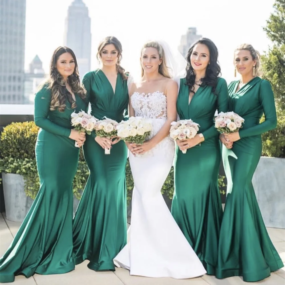 

Simple Green Formal Wedding Bridesmaid Dress Deep V-Neck Full Sleeves Mermaid Pleat Floor Length Evening Party Gowns New