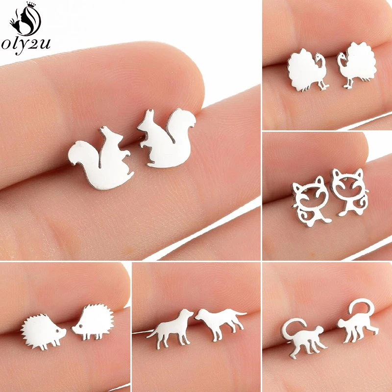 Lovely Stainless Steel Animal Earrings for Women Fashion Monkey Cat Squirrel Hedgehog Earings Piercing Jewelry Girls Gifts