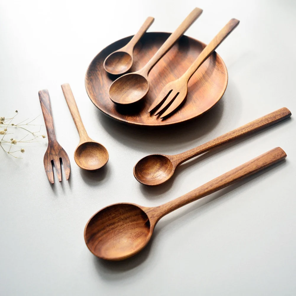 Natural Wood Spoon & Fork Tableware Solid Wood Child Honey Stir Spoon Fork Portable Handmade Household For Kicthen