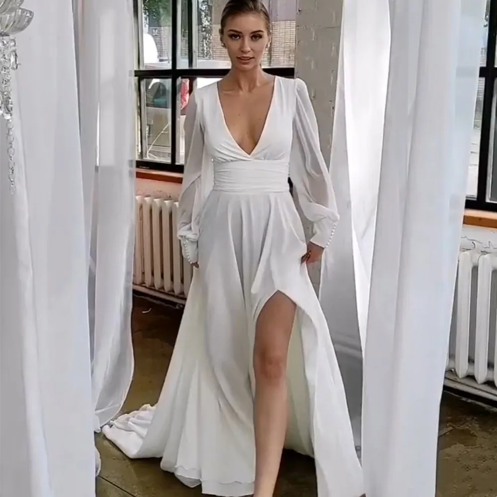 Simple Chiffon Wedding Dresses Deep V Neck Beach Long Sleeve A Line Bridal Gowns Summer Side Split Custom Made Vestido De Novia