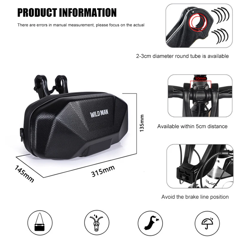 WILD MAN X9 Bicycle Handlebar Bag 3.5L EVA Hard Shell Electric Scooter MTB Road Bike Shoulder Bag Front Bag