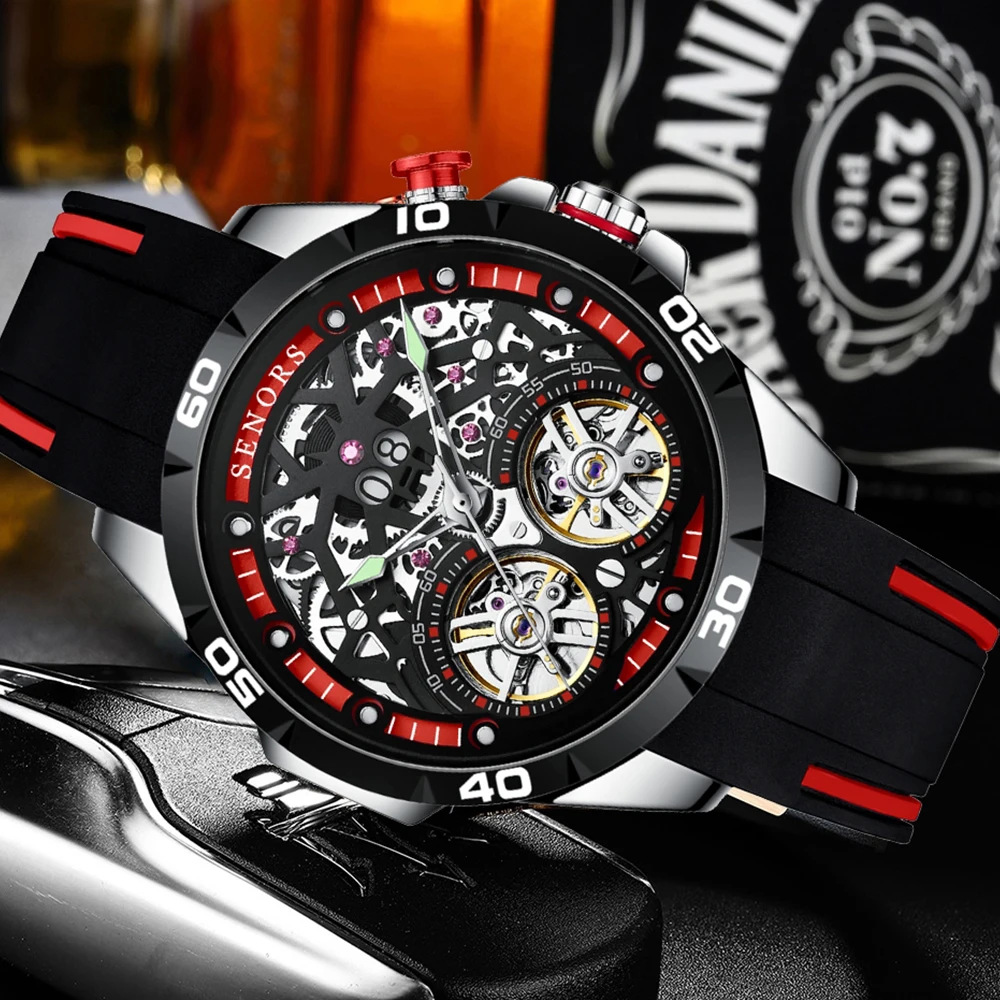 Luxury Fly Wheels Hollow Mechanical Watch Men Steampunk Skeleton Automatic Mechanical Watches Sport Military Self Winding Clock