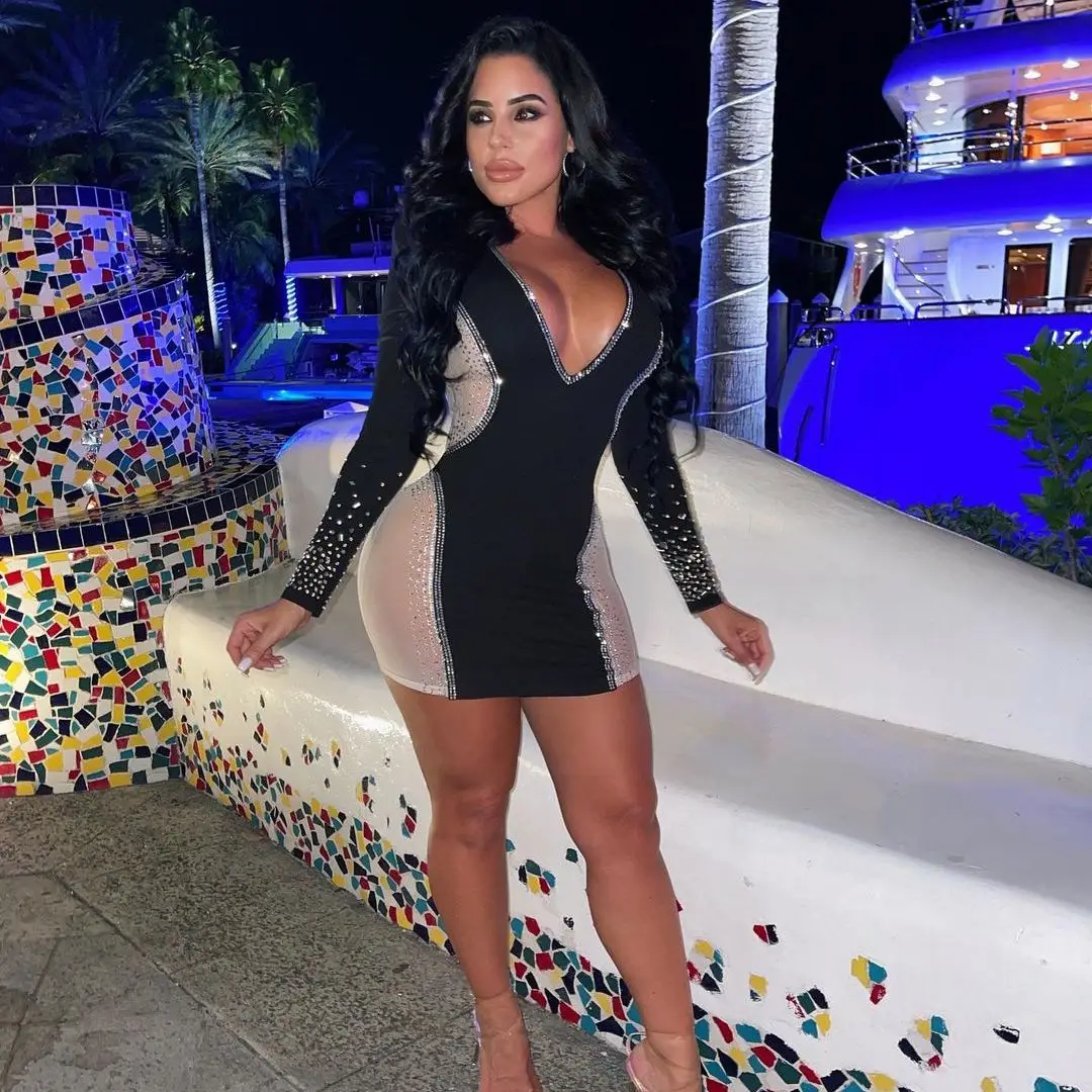 

Sexy Sheer Deep V-neck Mini Dress New Women Hot Side Hip Drilling Mesh See Through Bodycon Night Clubwear Vestidos