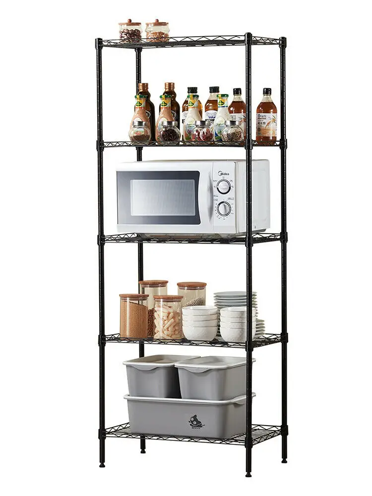 5 Tier Shelf Adjustable Steel Metal Wire Shelving Storage Black Kitchen Rack Large Capacity Home Room Storage Bookshelf