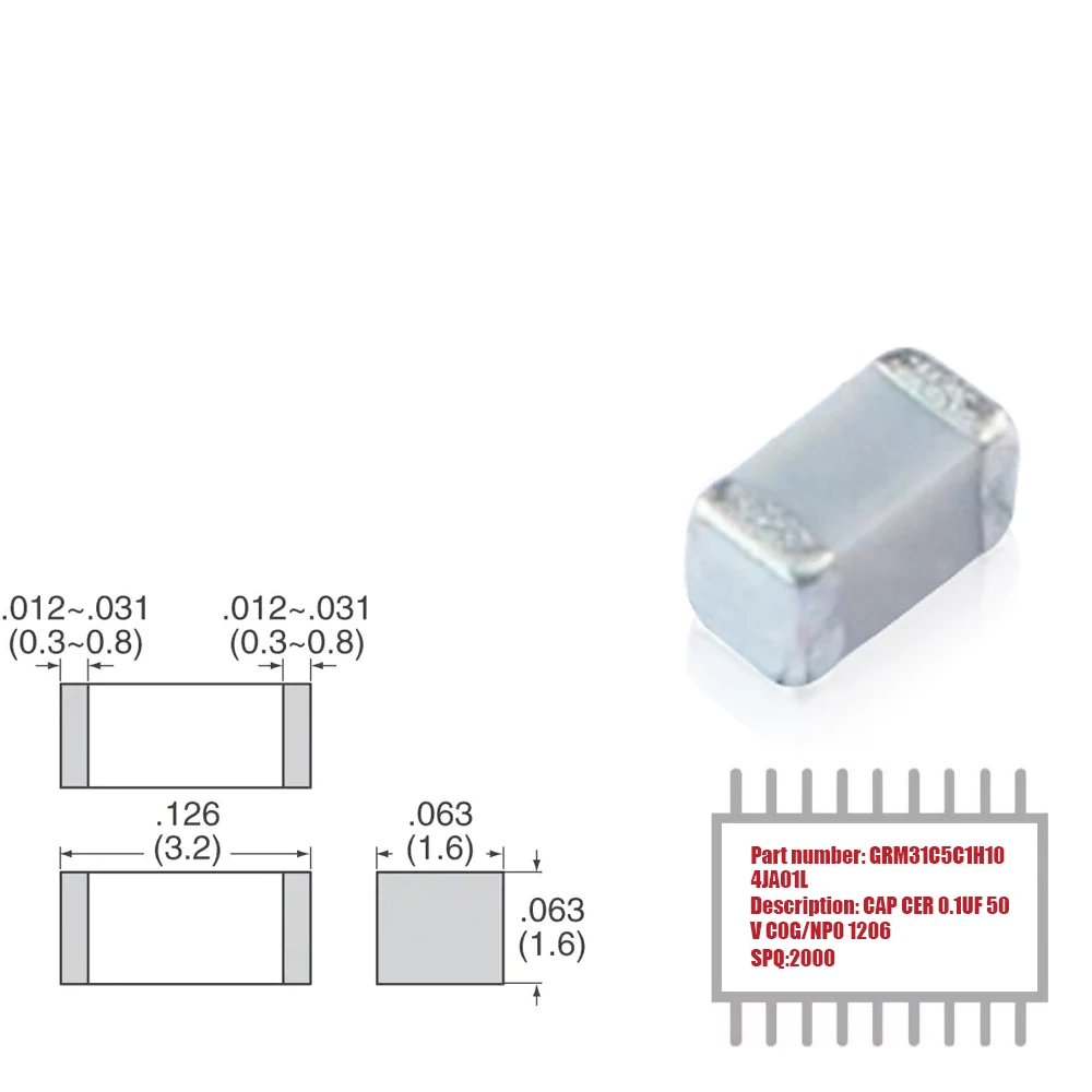 

My Group Asia 2000PCS Surface Mount MLCC GRM31C5C1H104JA01L 0.1uF ±5% 50V C0G, NP0 1206 (3216 Metric) Ceramic Capacitor in Stock